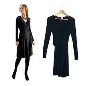 PERUVIAN CONNECTION Black London Faux Wrap Stretch Dress Long Sleeve